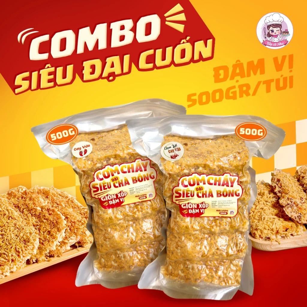Combo Siêu Đại Cuốn - Cơm Cháy Siêu Chà Bông Truyền thống / Gạo lứt Giòn Xốp, Đậm Vị - Túi 500g - Bếp Cô Như