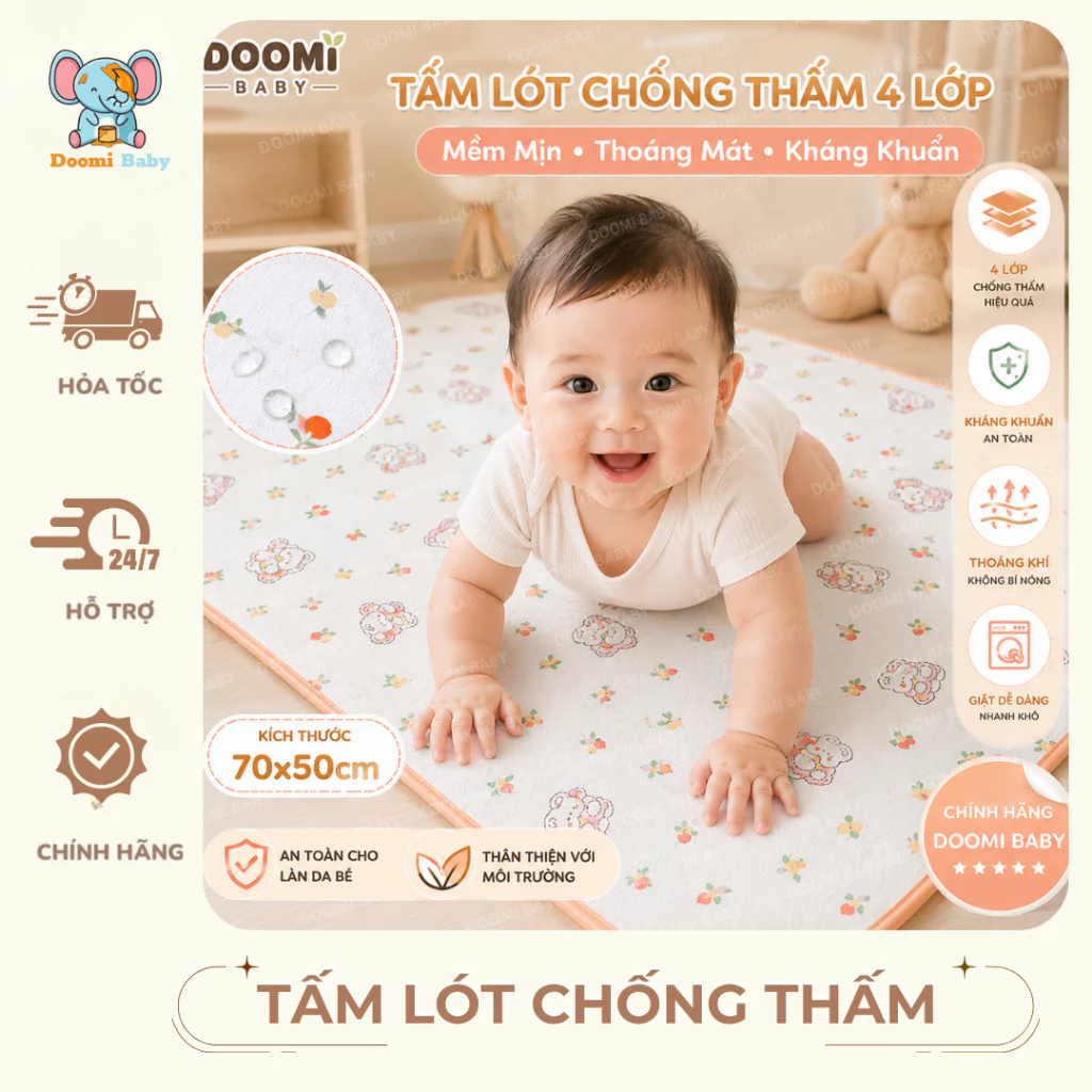 Tấm Lót Chống Thấm Kháng Khuẩn Chính Hãng Doomi Baby Cho Bé Mùa Hè 4 Lớp 70*50cm - HT723 - HT832