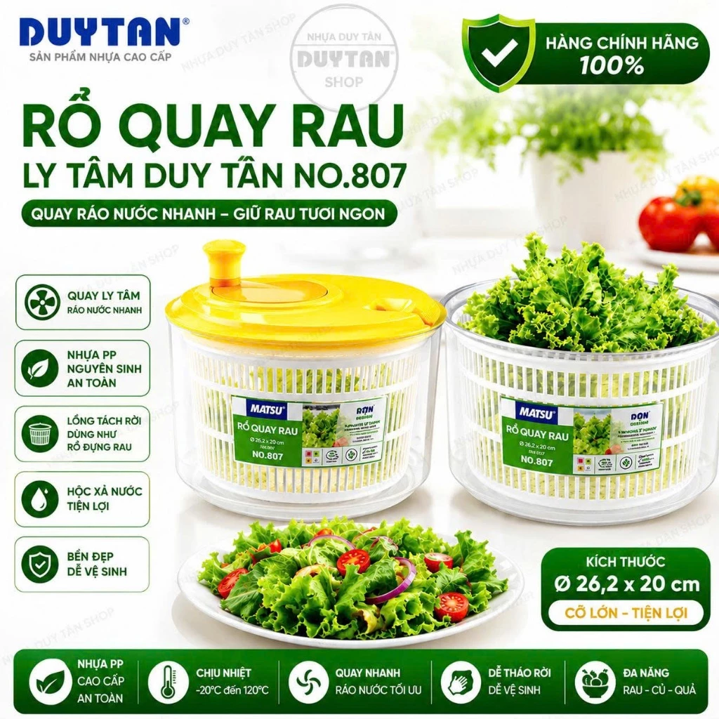 Rổ Quay Rau Ly Tâm Duy Tân Cỡ Lớn No.807 - Bộ Dụng Cụ Vắt Khô Rau Củ Quả Nhựa PP Cao Cấp Tiện Lợi