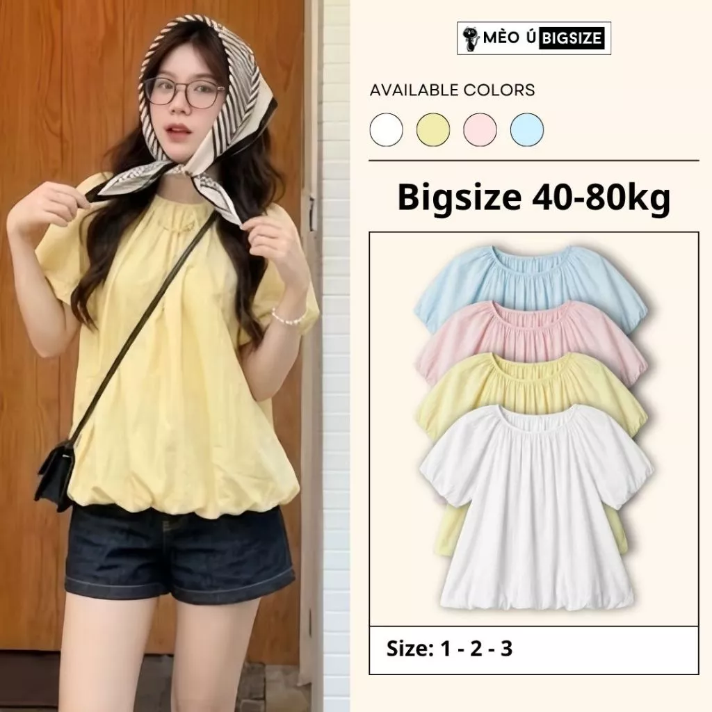 Áo babydoll nữ BIGSIZE Mèo Ú áo cổ tròn tay bồng dáng bí form rộng trẻ trung phong cách tiểu thư Hàn Quốc 396