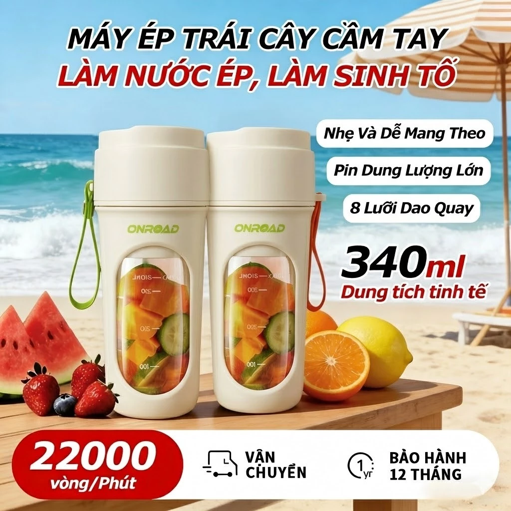 Máy Xay Mini Sinh Tố Cầm Tay 340ml Thiết kế 2 nắp 22000 Vòng/Phút Nghiền Đá