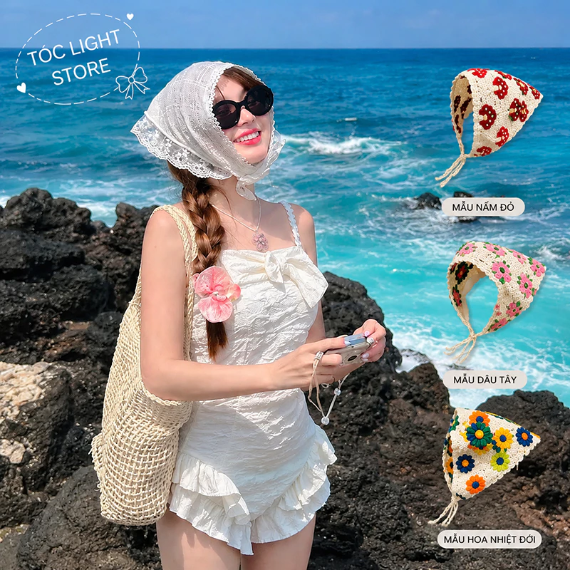 (Hỏa Tốc)🔥 Khăn Ren Trùm Đầu Đi Biển Gumihoo Turban Nữ Họa Tiết Hoa Tam Giác Kiểu Pháp Phụ Kiện Mùa Hè Du Lịch 691