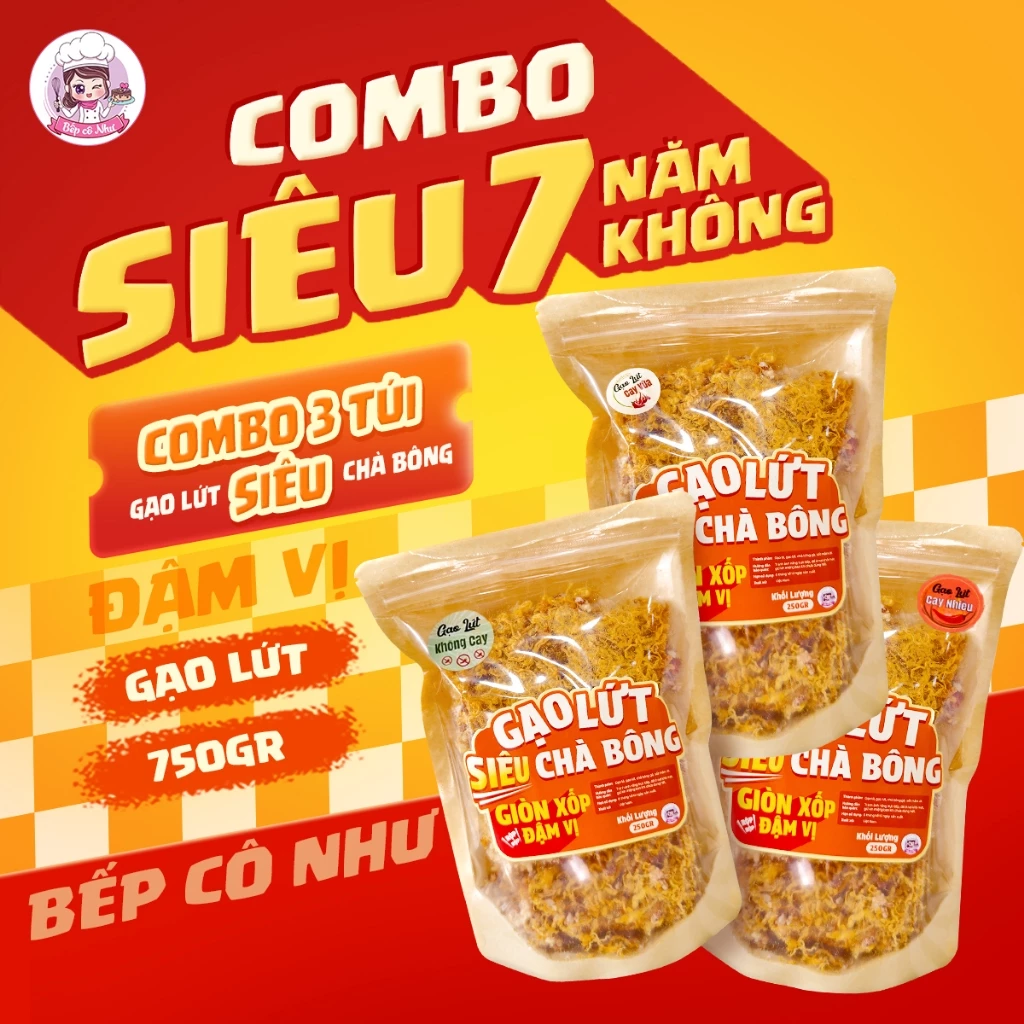 Combo Siêu 7 Năm Không Cơm Cháy Siêu Chà Bông Bếp cô Như giòn xốp, đậm vị sốt - 3 túi 250g | Đồ ăn vặt Bếp Cô Như