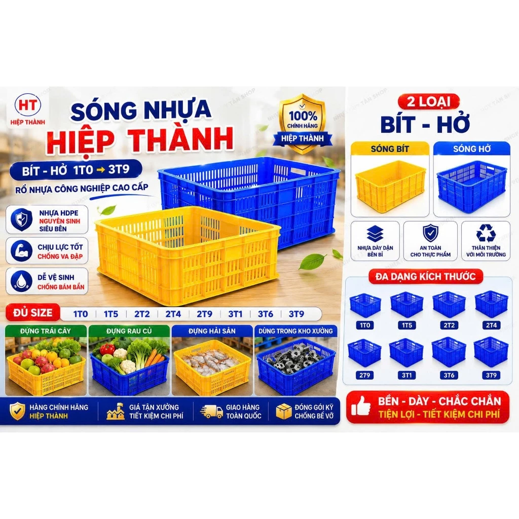Sóng Nhựa Bít Hở Hiệp Thành Cao 1T0-3T9 - Sọt Nhựa Đựng Đồ, Đựng Trái Cây, Kho Hàng Siêu Bền