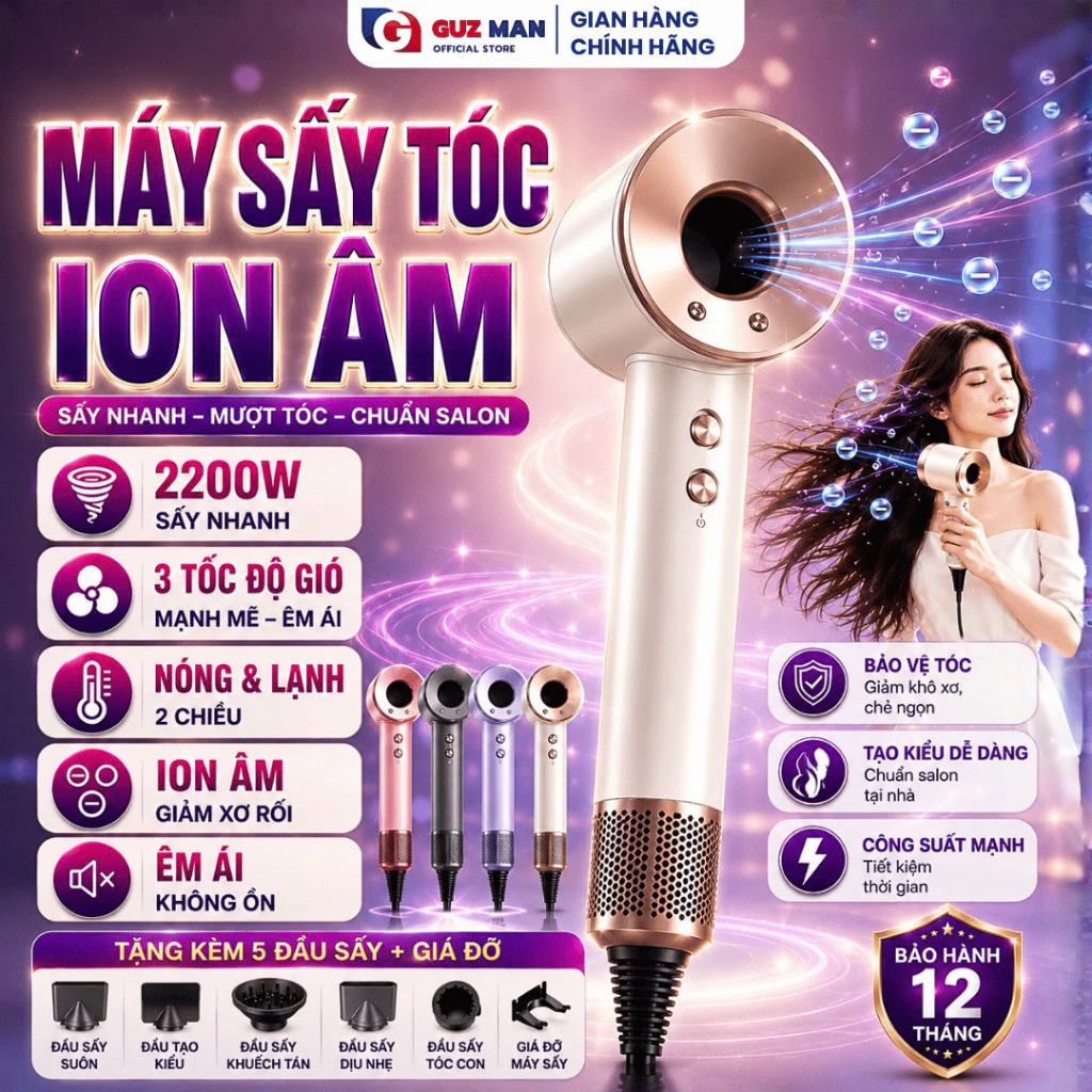 Máy sấy tóc ION âm 2 chiều nóng lạnh, 3 Tốc độ sấy nhanh Công suất 2200W, Tặng Bộ Đầu Sấy Tạo Kiểu