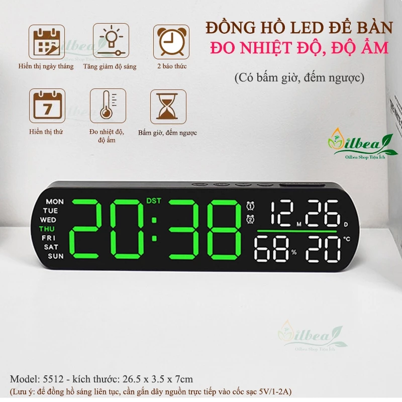 Đồng Hồ LED Báo Thức Để Bàn Đa Năng Có Hiển Thị Nhiệt Độ, Độ Ẩm, Bấm Giờ, Đếm Ngược Thời Gian