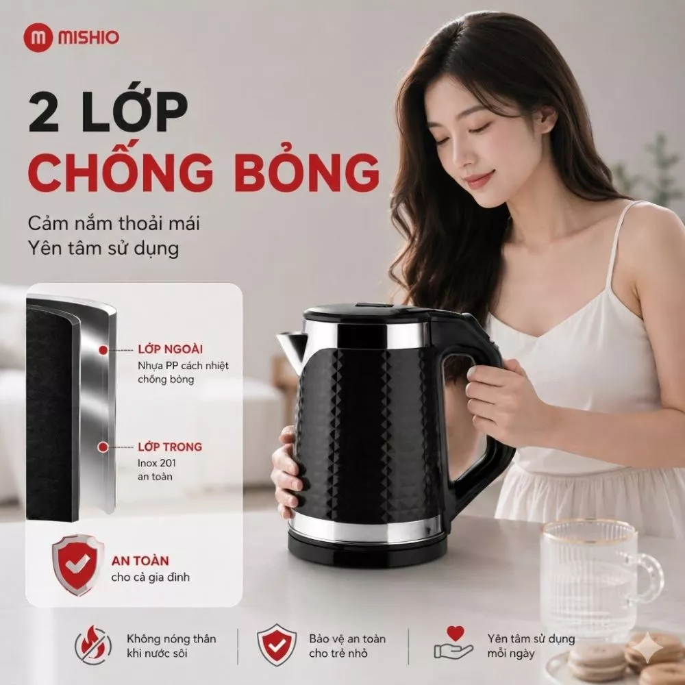 Bình đun siêu tốc Mishio MK403 dung tích 1.8L vỏ nhựa cách nhiệt chống bỏng