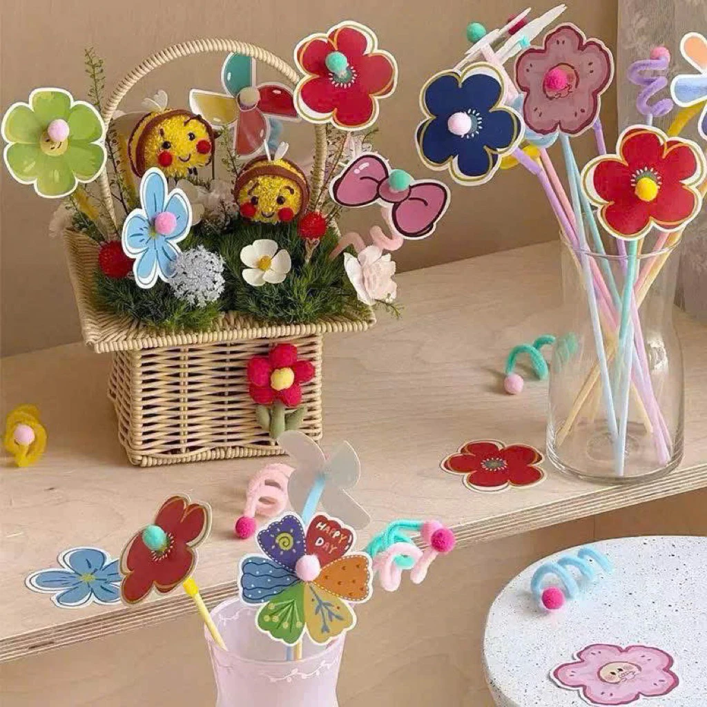set 99 hình hoa giấy+  kèm kẽm nhung trang trí giỏ kẹo, bó kẹo, tháp kẹo cho bé
