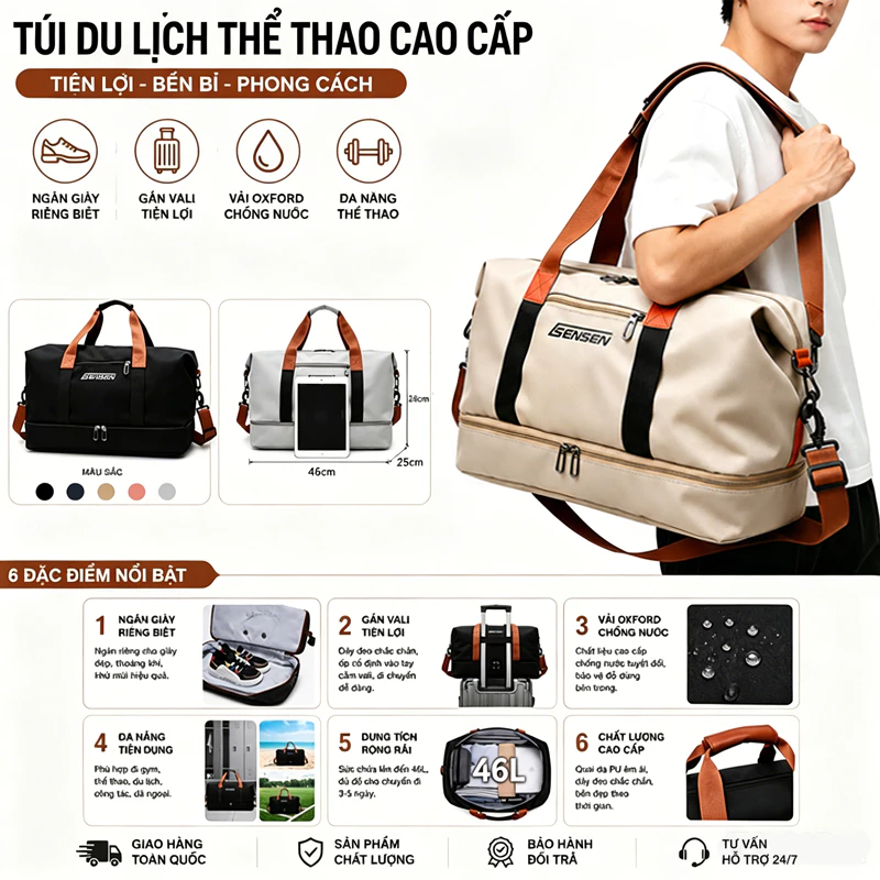 Túi du lịch sức chứa lớn,túi du lịch/đi công tác ngắn ngày dày dặn,chống thấm nước và chống mài mòn,tách biệt ướt và khô