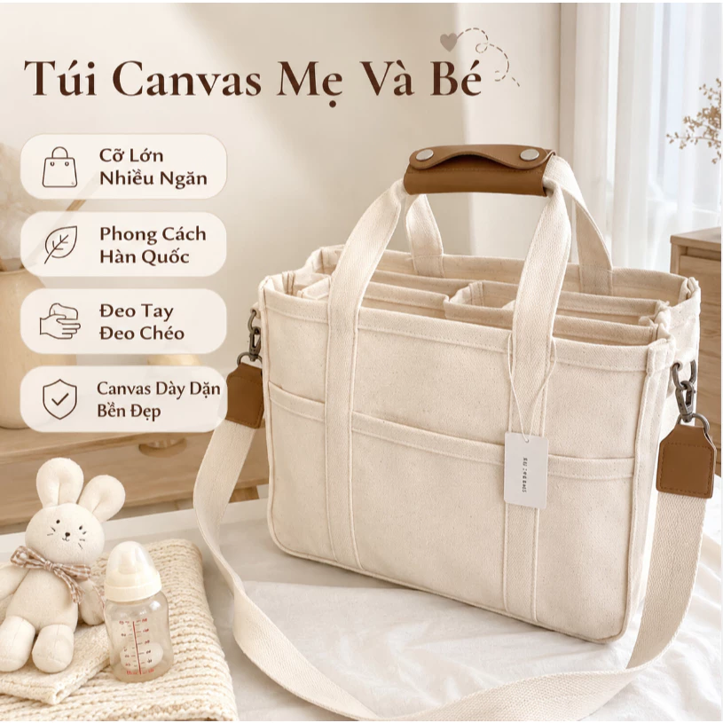 Túi Vải Canvas Đeo Chéo Đa Năng Cho Mẹ & Bé - Cỡ Lớn Nhiều Ngăn Tiện Lợi, Dễ Phối Đồ, Đồng Hành Cả Nhà Mọi Lúc