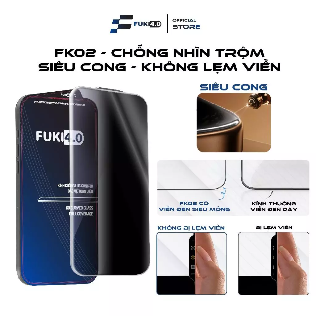 Kính cường lực FK02 chống nhìn trộm cho iphone siêu cong ip 18 promax 17 prm 16 15 pro 14 prm 13 air plus không lẹm viền