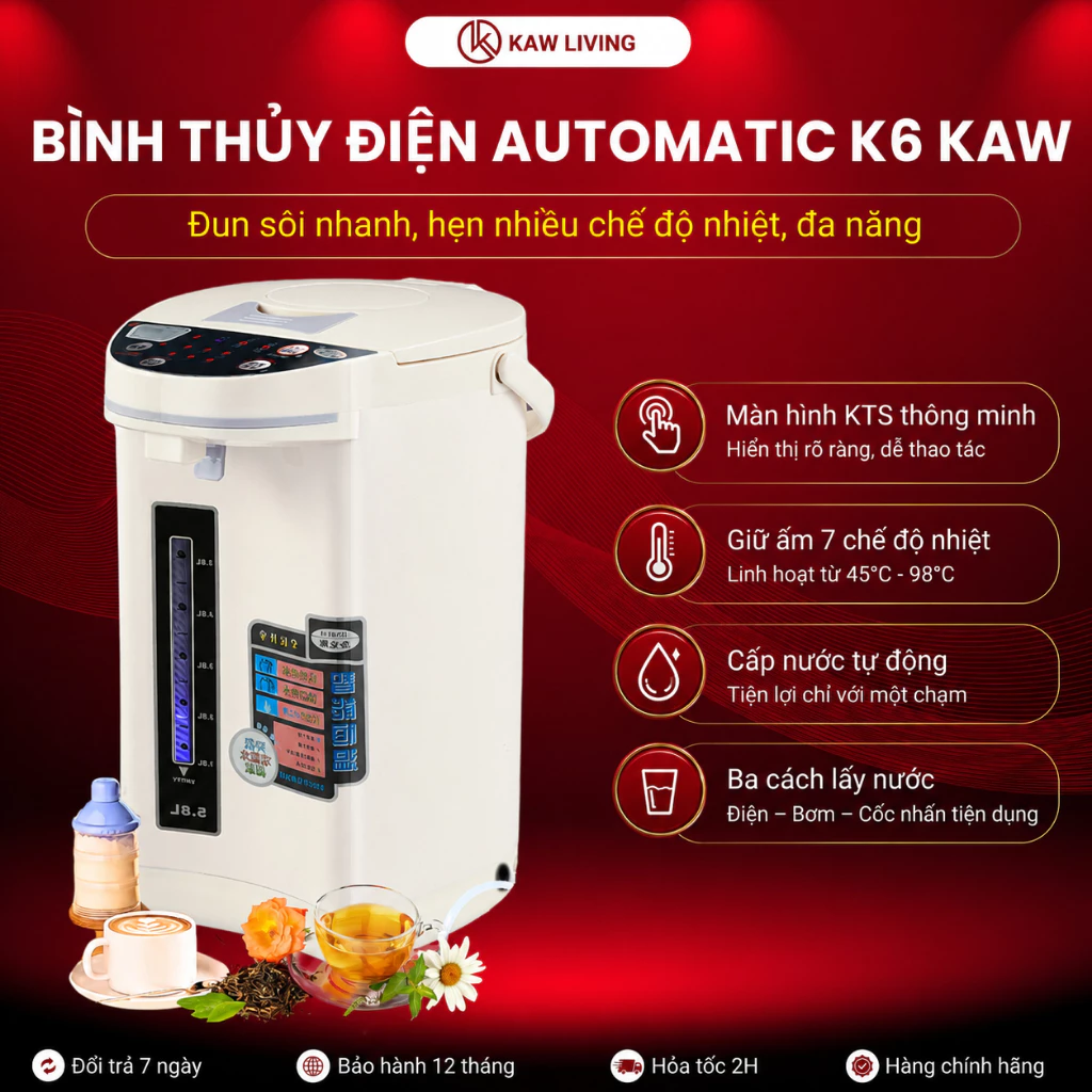Bình thủy điện Automatic K6 KAW 750W, Giữ ấm không đổi 7 chế độ nhiệt, Màn hình LED hiển thị