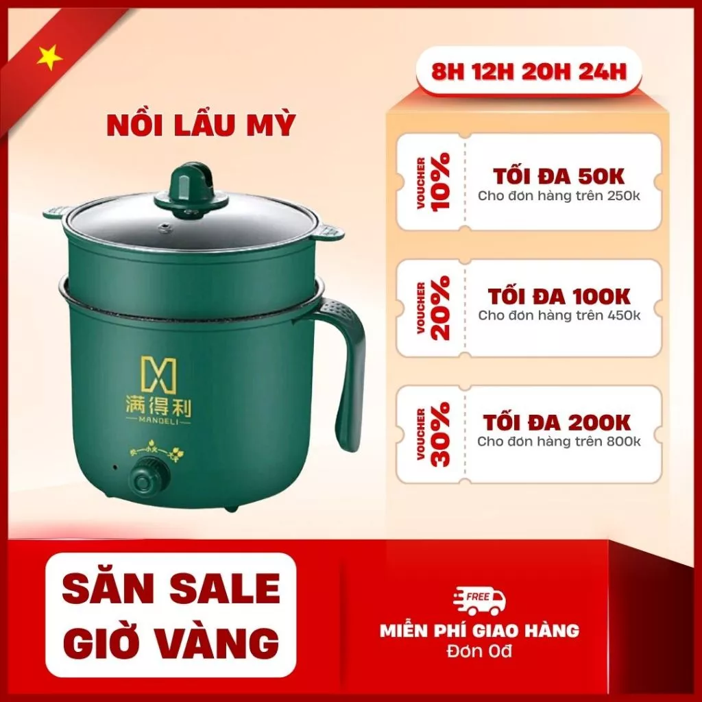 Nồi Lẩu Điện Mini, Nấu Mì 2 Tầng Kèm Giá Hấp Đa Năng  Nướng, Luộc, Chiên Chống Dính Vấn Đá Tiện Lợi, Ca nấu mì - N2 New