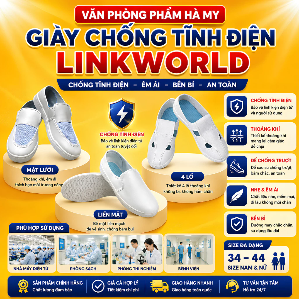 Giày Phòng Sạch Chống Tĩnh Điện Mặt Lưới,4 Lỗ, Liền Mặt Linkworld - Giày Phòng Sạch Chính Hãng