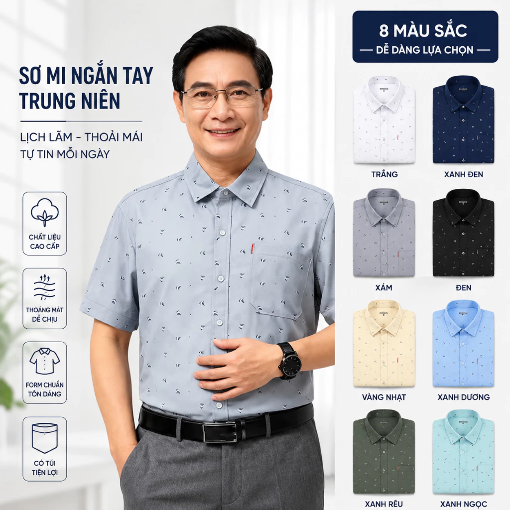 Áo Sơ Mi Nam Trung Niên Ngắn Tay Vải Lụa Co Giãn GENALPHA Form Rộng Thoải Mái Nhã Nhặn
