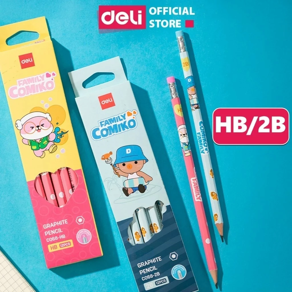 [MUA 3 GIẢM 30%] Hộp 12 Bút Chì Học Sinh Deli Thiết Kế Comiko Xinh Xắn - Viết Chì 2B, HB Kèm Đầu Tẩy Luyện Chữ Vẽ Tranh