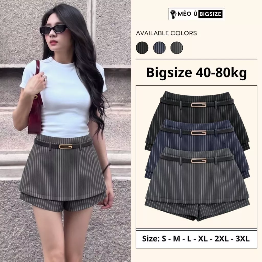 Quần váy nữ BIGSIZE Mèo Ú chân váy kẻ sọc ngắn chữ A cạp cao phong cách basic thanh lịch Hàn Quốc 570