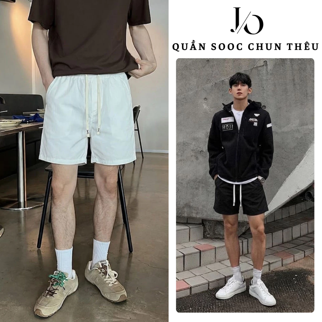 [DEAL HÀNG MỚI] Quần Short Kaki Nam Trắng Đen Cạp Chun Dây Rút Thêu Chữ Form Ngắn Trên Gối Thoáng Mát