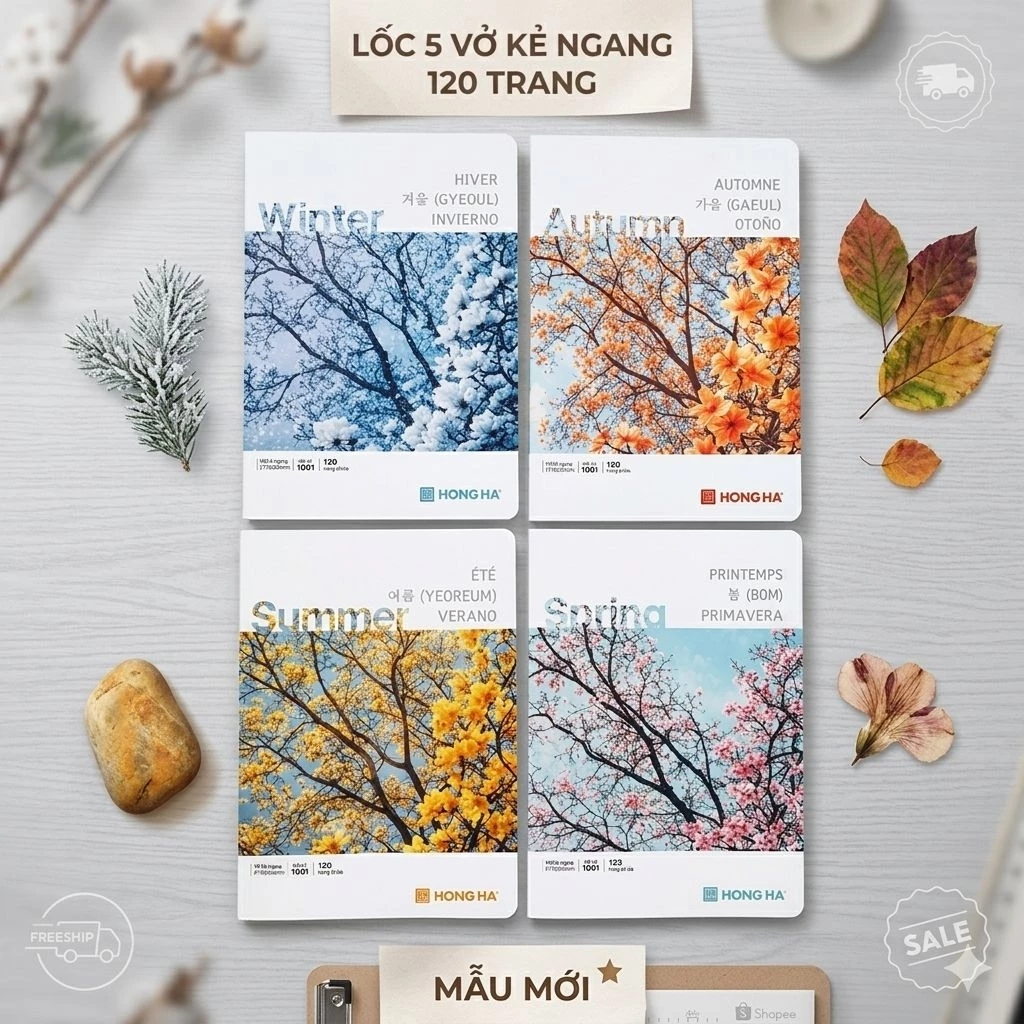 💝Lốc 5 vở kẻ ngang 120 trang Hồng Hà Bốn Mùa 1001