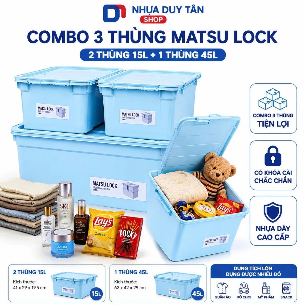 Combo 3 Thùng Nhựa Duy Tân Matsu Lock 1578 Cao Cấp – 2 Thùng 15L, 1 Thùng 45L Có Khóa Cài Tiện Lợi