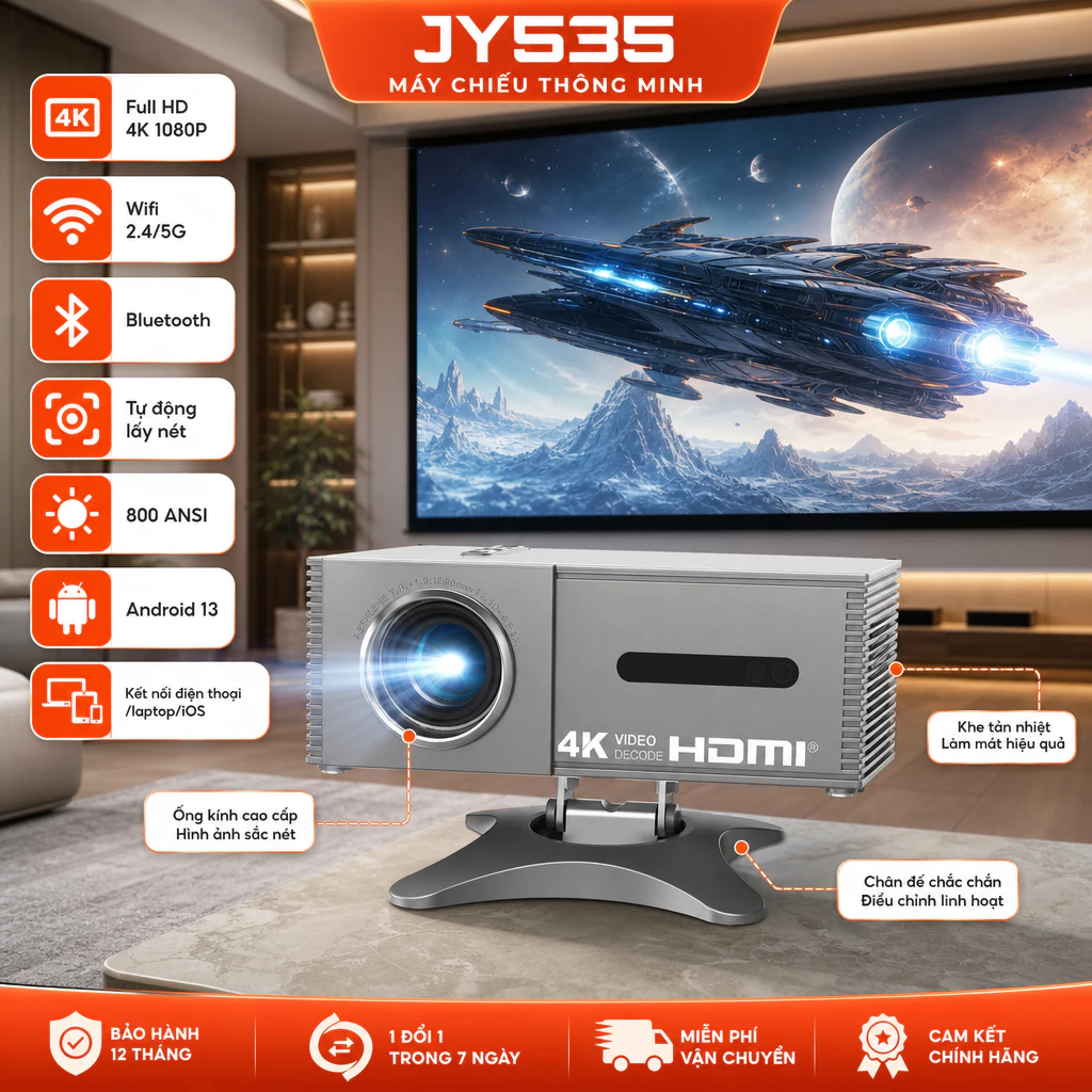 Máy chiếu JY535 Full HD 4K 1080P Wifi 2,4/5G Bluetooth Tự Động Lấy Nét 800 ANSI Android13 Kết nối điện thoại laptop ios