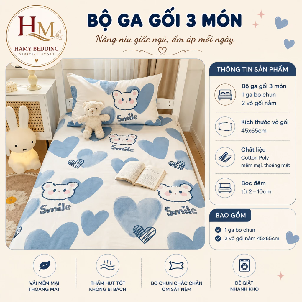 Ga trải giường kí túc xá thỏ tim xanh tặng kèm 1 vỏ gối nhiều kích thước 80,1m,1m2 cập nhật mẫu mới
