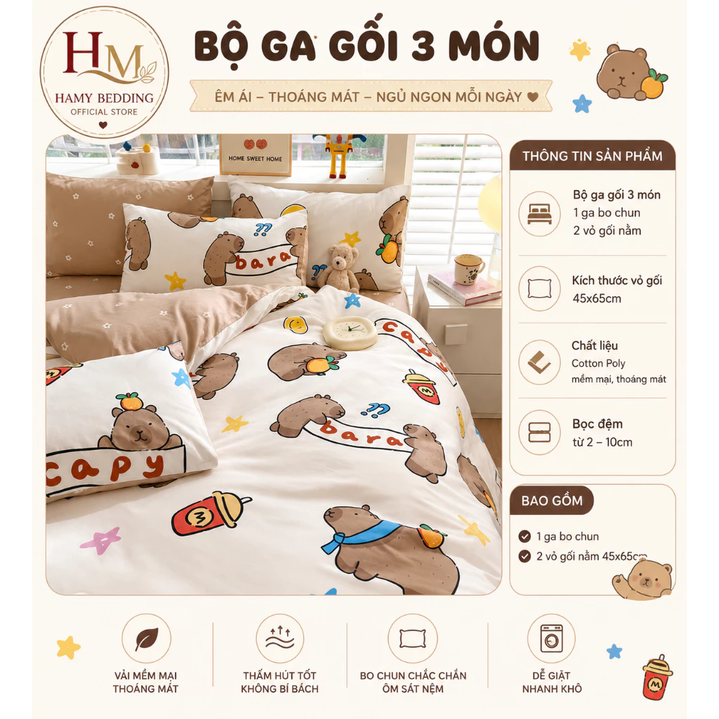 Bộ ga gối 3 món capybara , nhiều mẫu chọn , đủ kích thước nệm