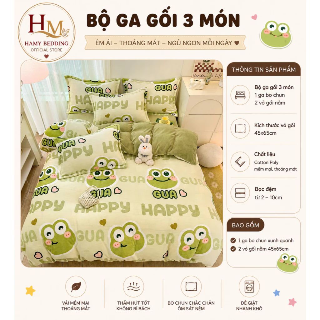 Bộ ga gối 3 món 1 ga +2 vỏ gối mẫu ếch xanh hot hit đủ kích thước 80cm,1m,1m2,1m4,1m5,1m6,1m8,2m2