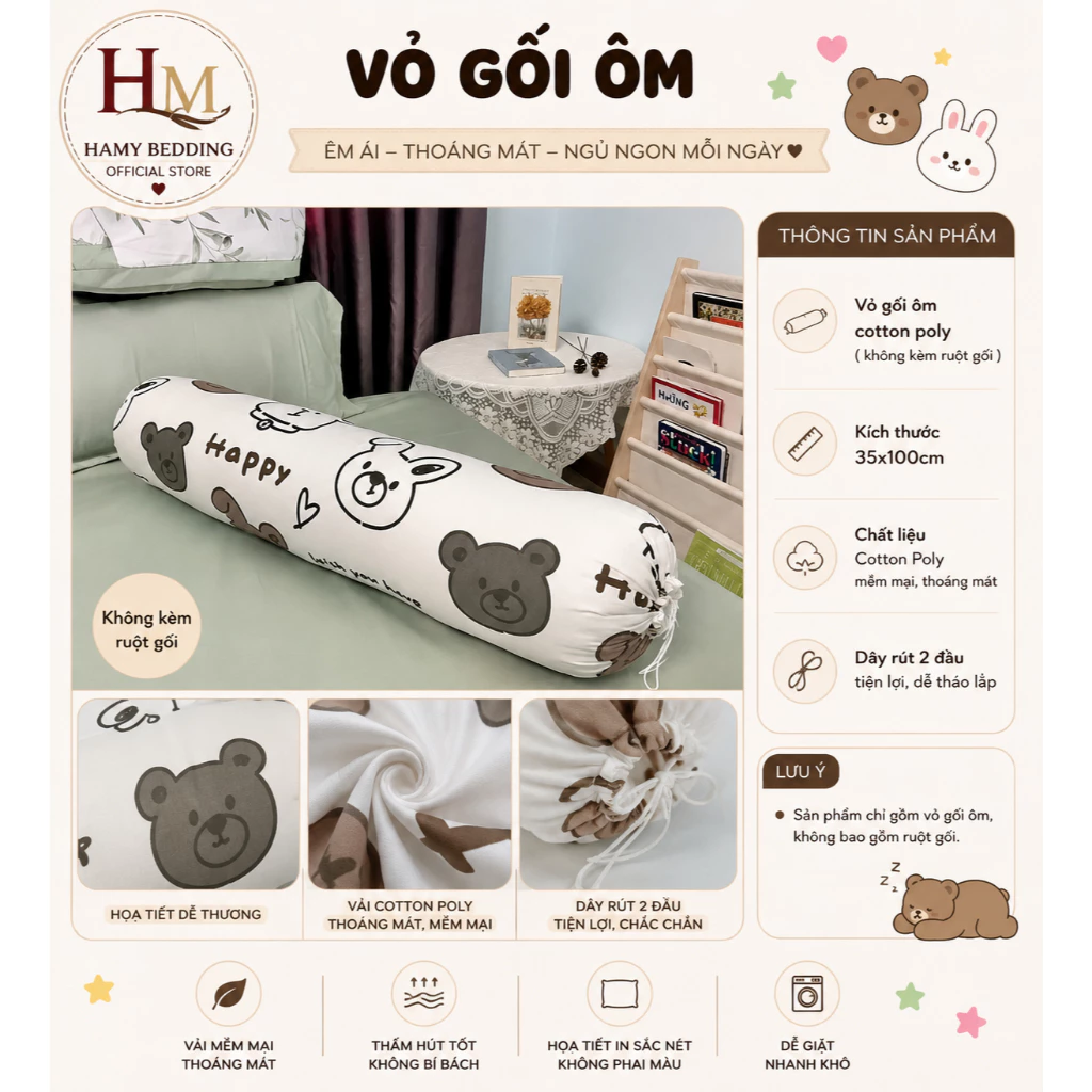 Vỏ gối ôm, bao gối ôm kích thước 35x100cm cotton poly