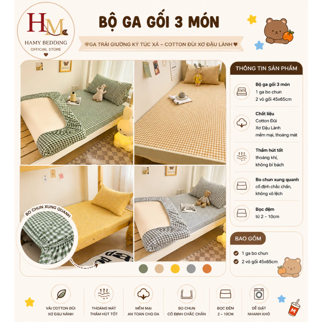 Bộ Ga Gối Trải Giường Cotton Đũi Xơ Đậu Lành , Ga Trải Giường Ký Túc Xá , Ga Bo Chun Đủ Kích Thước