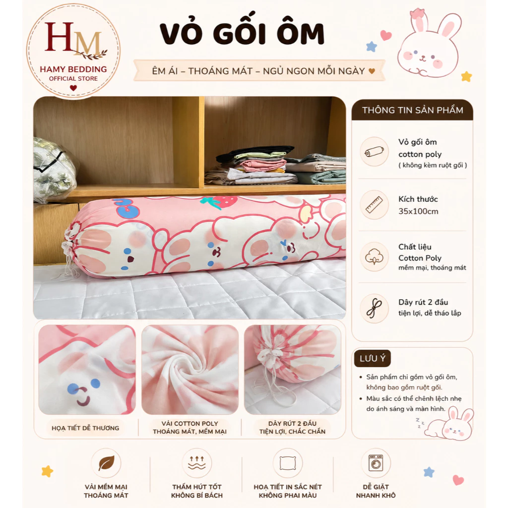 Vỏ gối ôm, bao gối ôm cotton poly nhiều mẫu xinh ,được chọn mẫu kích thước 35x100cm hamybedding