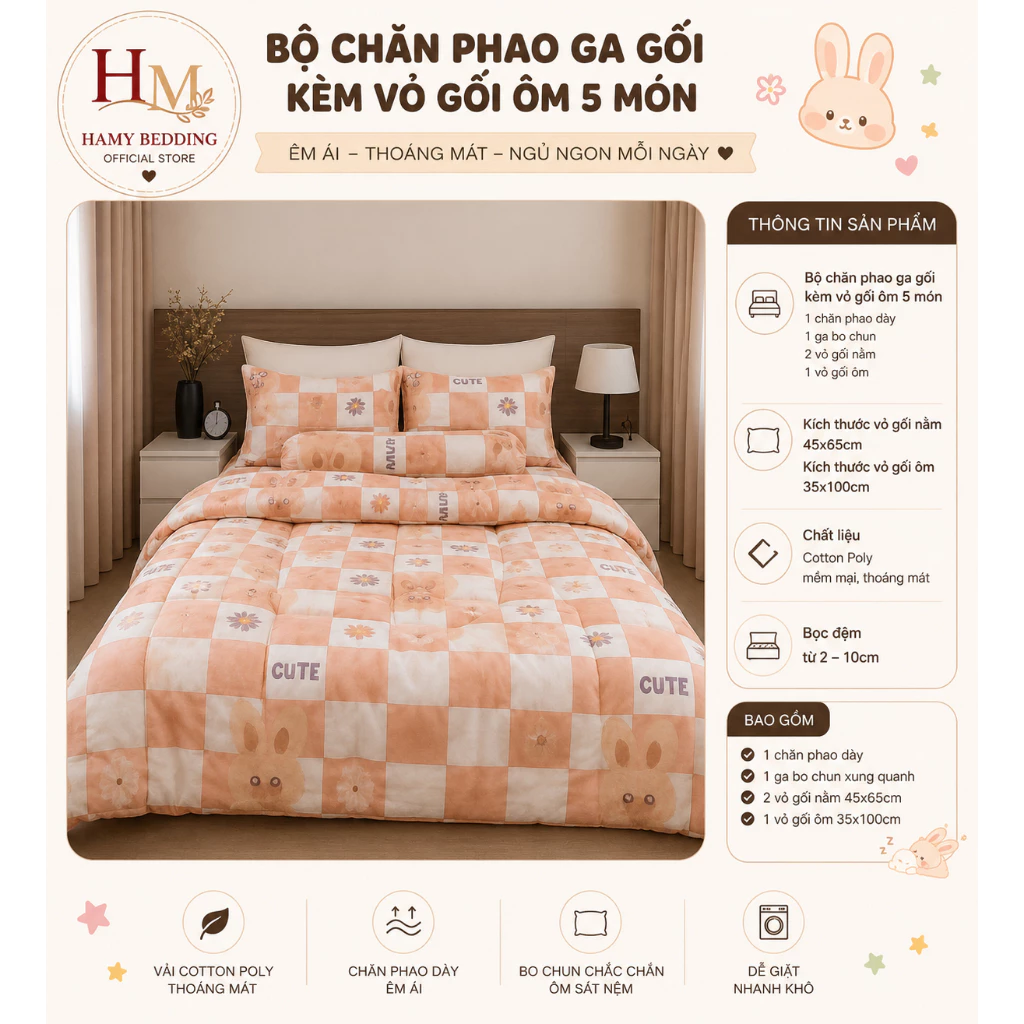 Bộ ga trải giường và vỏ gối chăn phao trần bông 5 món cotton poly , được chọn mẫu , đủ kích thước