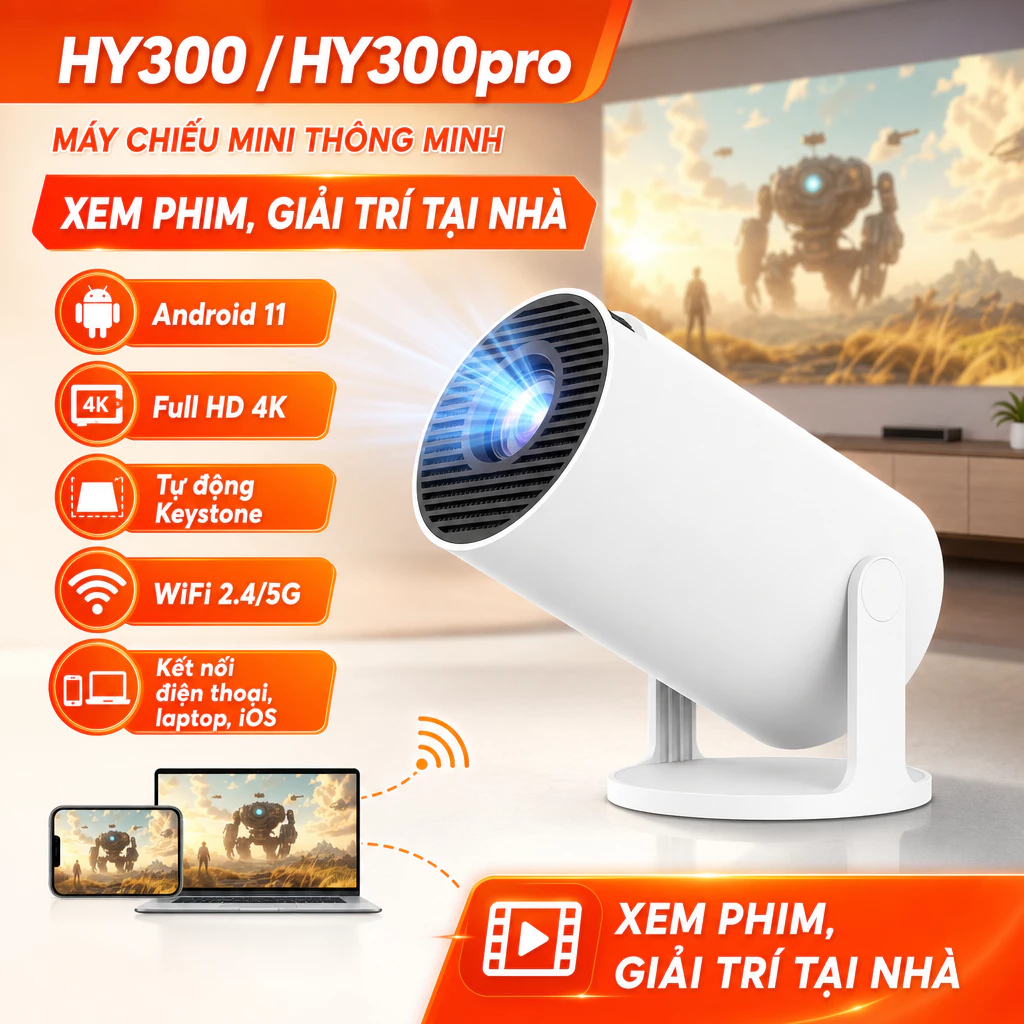 Máy chiếu Mini HY300 Full HD 1080P 4K android12 Bluetooth WiFI6 độ sáng 8000 lumens cho điện thoại laptop máy chiếu phim