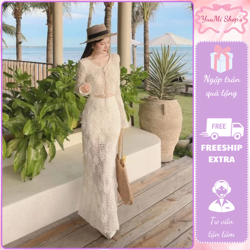 Set bộ nữ đi biển áo tay dài thắt nơ ngực phối chân váy maxi dài tôn dáng phong cách nàng thơ HCOM25859