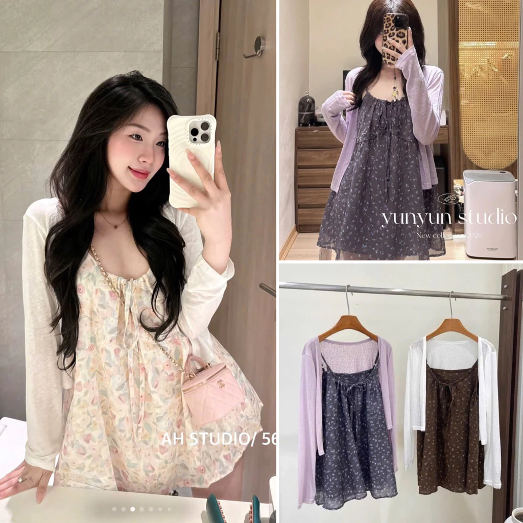 [Hàng chuẩn QC] SET VÁY BABYDOLL HOA NHÍ KÈM ÁO KHOÁC MỎNG DÀI TAY NGỌT NGÀO S3628