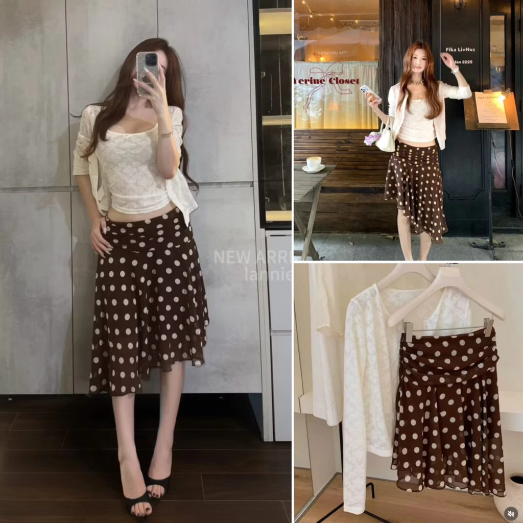 [JYNNA SET sẵn ship] Set áo 2 dây ren đính nơ kèm khoác mix chân váy chấm bi nâu lệch tà cách điệu 3703