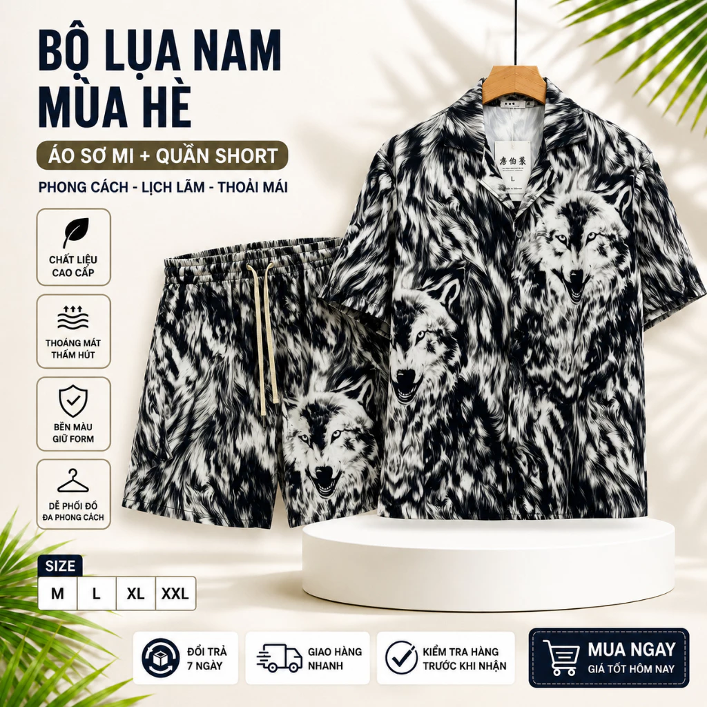 áo sơ mi cộc tay nam mặc mùa hè in họa tiết cực đẹp, bộ quần áo ngắn tay chất lụa siêu thoáng mát N35