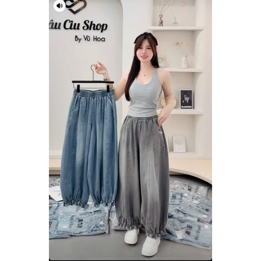 Quần Jean Giấy Nữ Bom Thụng Bèo Gấu Cạp Chun Lưng Cao Trẻ Trung Cá Tính