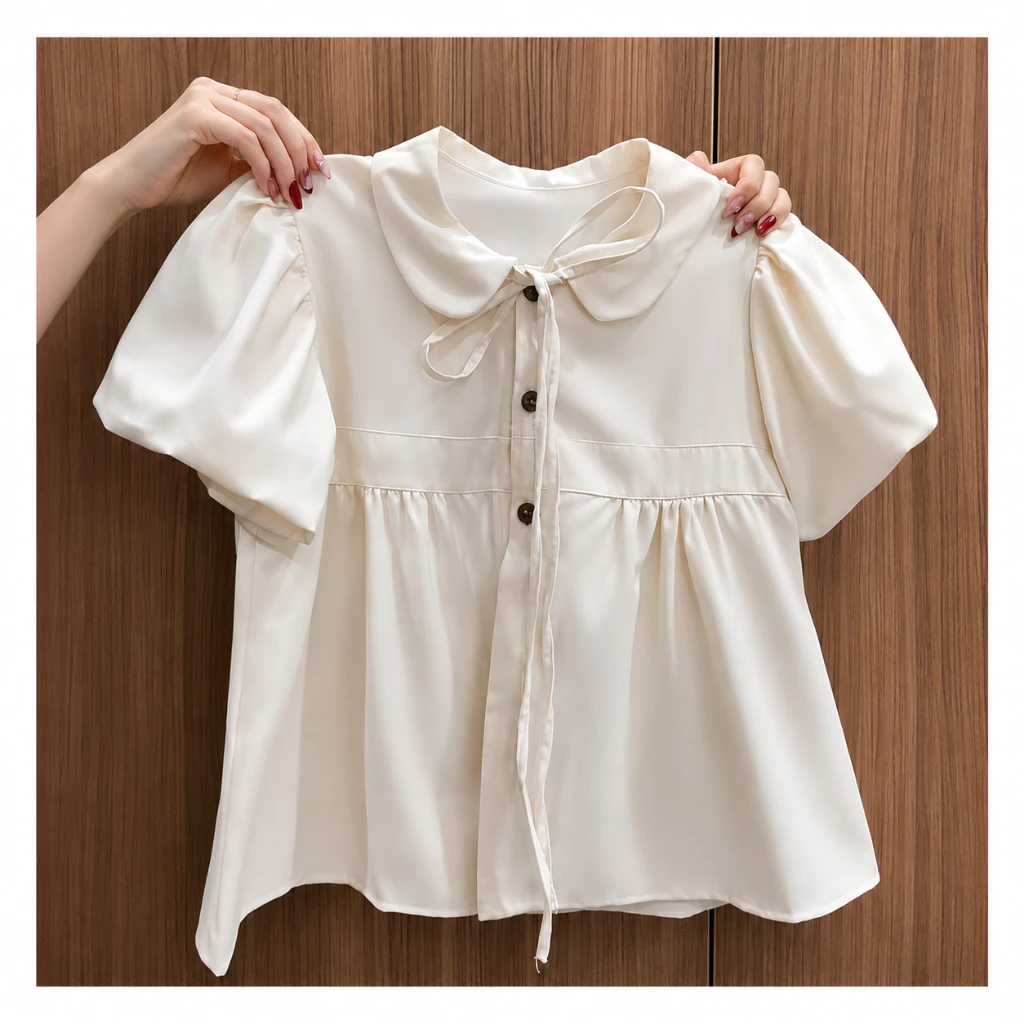 Áo Sơ Mi Nữ Dáng Babydoll Buộc Dây,Áo Kiểu Tay Bồng Cúc Nâu Dáng Suông Dễ Thương Phong Cách Ulzzang