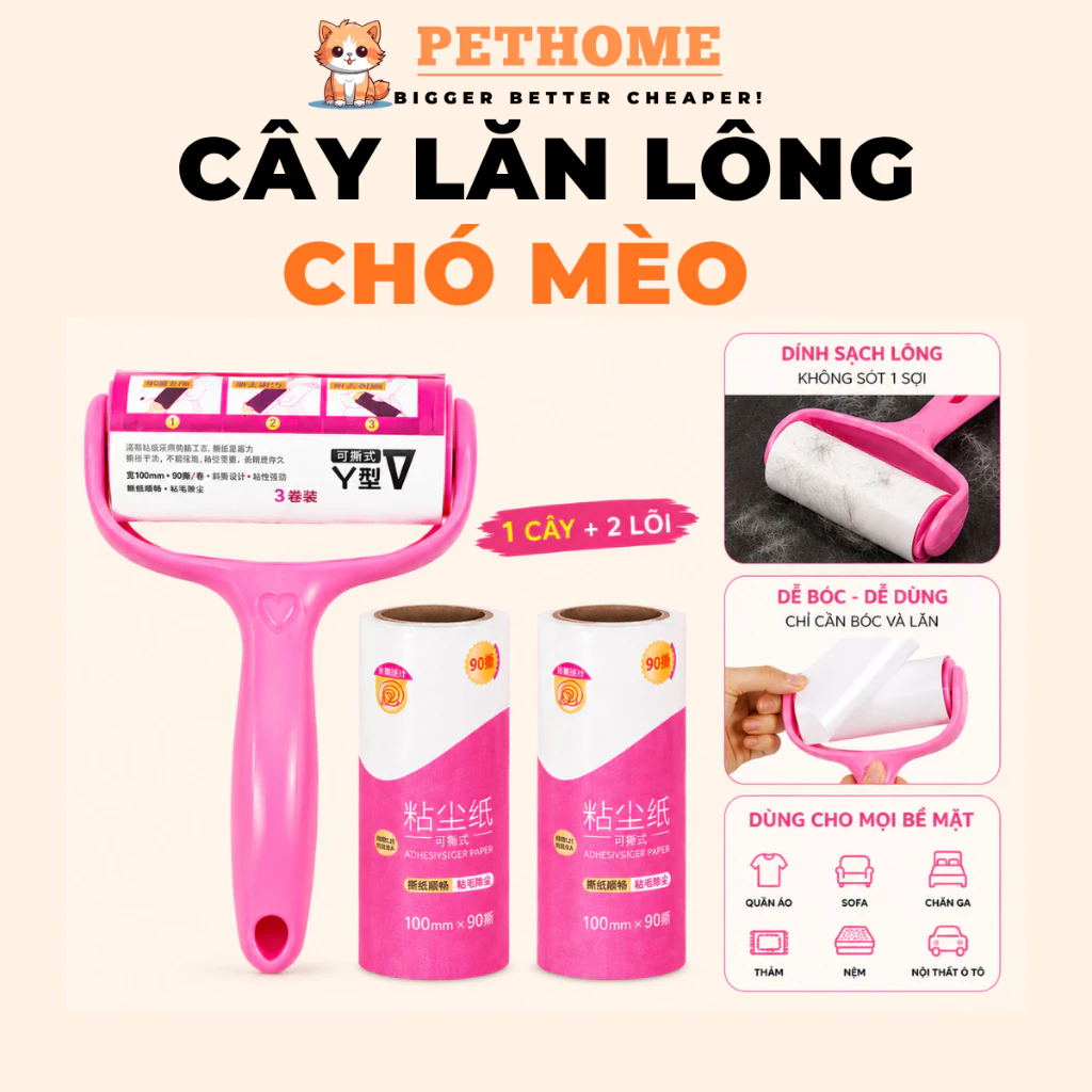 Cây Lăn Bụi Làm Sạch Quần Áo, Chăn Ga, Đệm Sofa, Thanh Lăn Lông Chó Mèo Gồm Lõi Lăn Bụi Dự Phòng