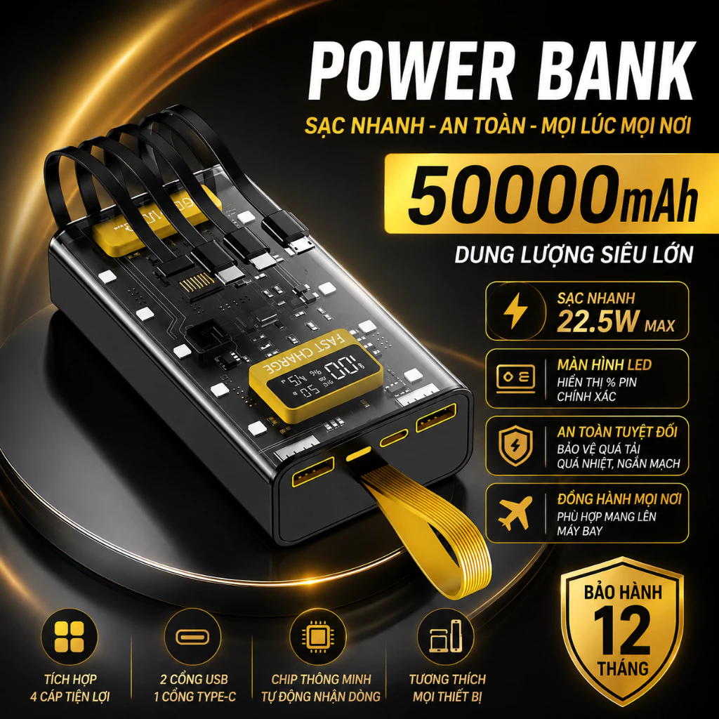Sạc dự phòng dung lượng 50.000mah sạc nhanh PD120W/20W trong suốt tích hợp 4 dây sạc tích hợp đèn led chiếu sáng