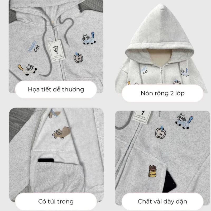 Áo Khoác Hoodie Zip Oversize Họa Tiết Happy Cat, Áo Nỉ Khóa Kéo Dáng Rộng Unisex Phong Cách Y2K Cá Tính ( có túi trong )