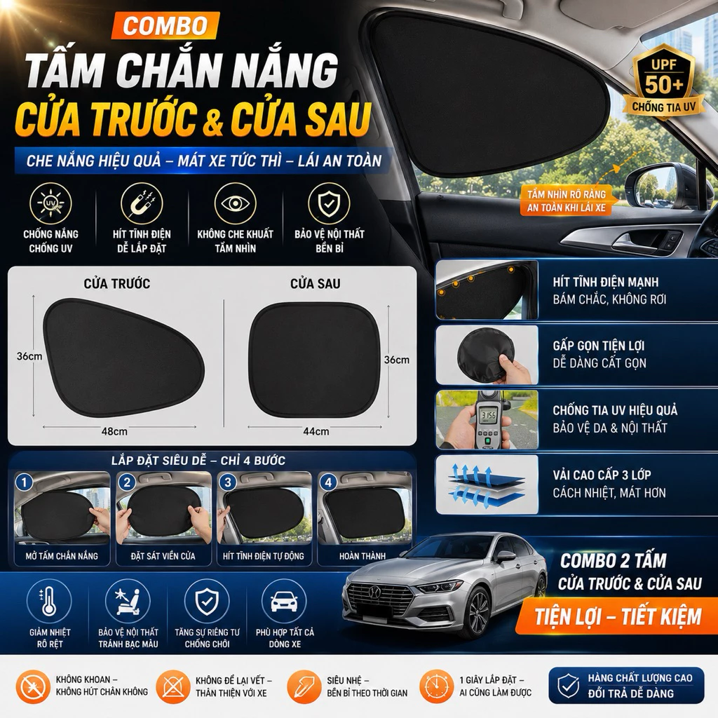 Combo 4 Tấm Chắn Nắng Ô Tô Tự Dính –Che Nắng Cửa Kính Xe Hơi Tĩnh Điện, Không Keo, Dễ Dán, Chống Nóng Cách Nhiệt