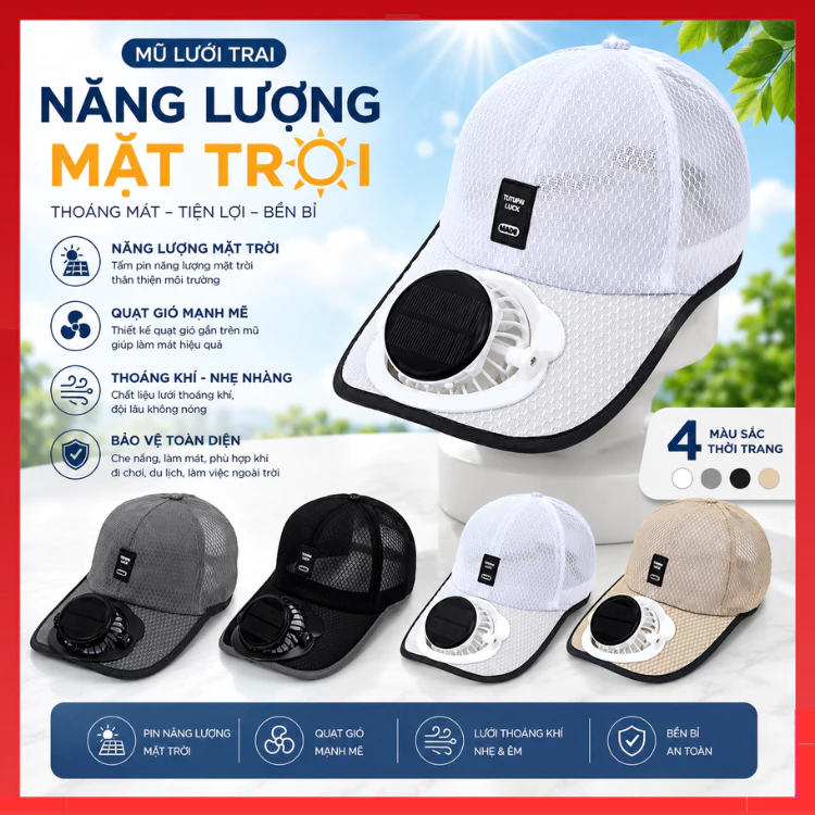 [Mới] Mũ Lưỡi Trai Quạt Mini Sạc Năng Lượng Mặt Trời Sạc Mũ Chống Nắng Có Quạt Làm Mát, Thoáng Khí