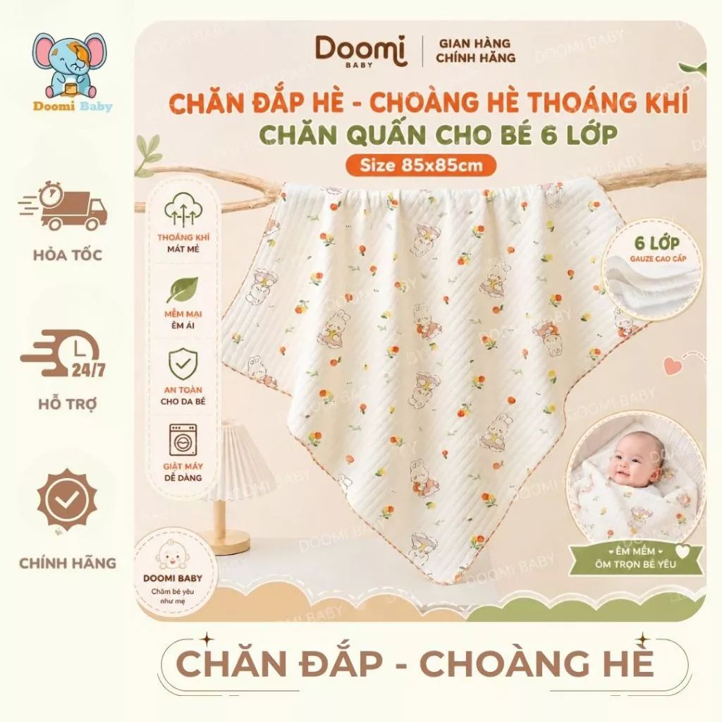 CHĂN ĐẮP HÈ - CHOÀNG HÈ THOÁNG KHÍ - CHĂN QUẤN CHO BÉ 6 LỚP Size 85x85cm Doomi Baby - HT531 -HT833