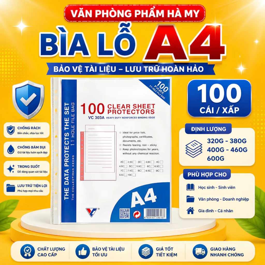 (Xấp 100 Cái) Bìa lá lỗ, bìa lỗ A4, bìa lá nylong đủ định lượng