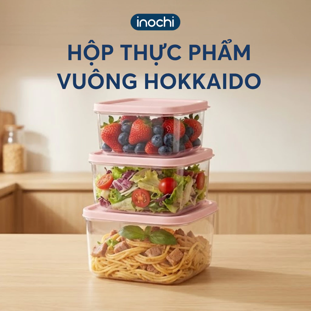 Hộp thực phẩm vuông Inochi -Hokkaido 500ml-750ml-1000ml-1500ml- 2500ml ( Nắp Cam/Hồng/Xanh/Trắng)