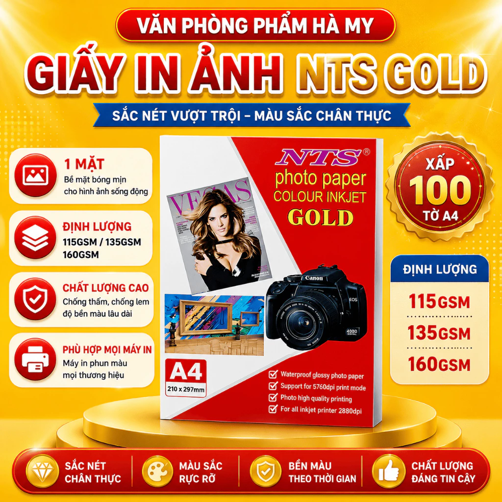 (Xấp 100 Tờ) Giấy In Ảnh 1 Mặt Bóng NTS Gold 115gsm/135gsm/160gsm Khổ A4