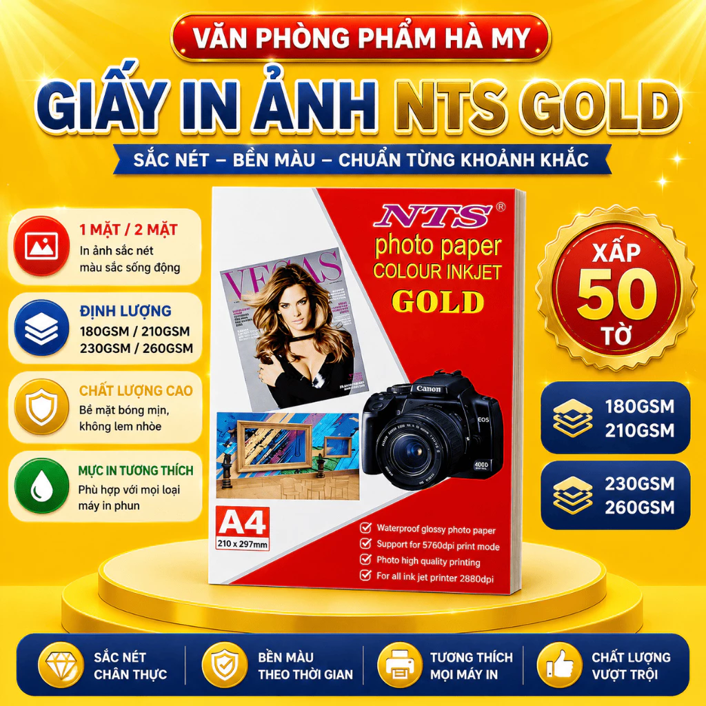 (Xấp 50 Tờ) Giấy In Ảnh NTS Gold Định Lượng 180gsm/210gsm/230gsm/260gsm Khổ A4