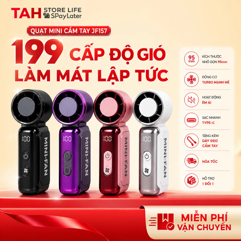 Quạt Tích Điện Mini 199 Cấp Độ Gió Động Cơ Turbo - Quạt Cầm Tay Nhỏ Gọn JF157 Làm Mát Nhanh